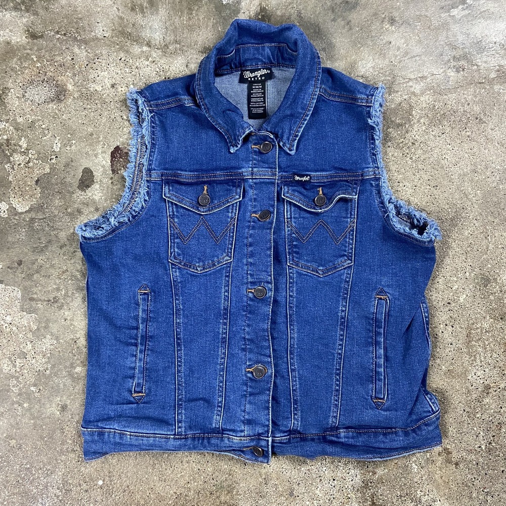 Wrangler Jean Jacket Vest Size Medium Blue Denim Medium Wash Button Down Retro